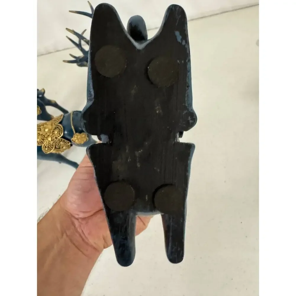 Set of 6 Decorative Deer Figurines Navy Blue Gold Accents Christmas Home Decor